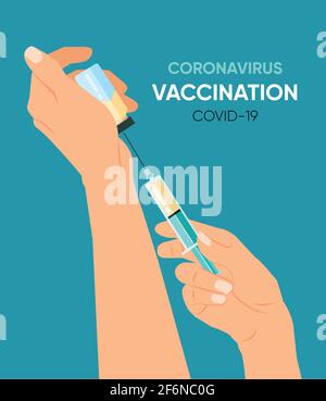 Covid-19 Vacctination Poster. Handspritze und Impfstoffflasche`s Arztes. Vektorgrafik. Lassen Sie uns impfen. Halten wir Covid-19 an. Promotet Stock Vektor